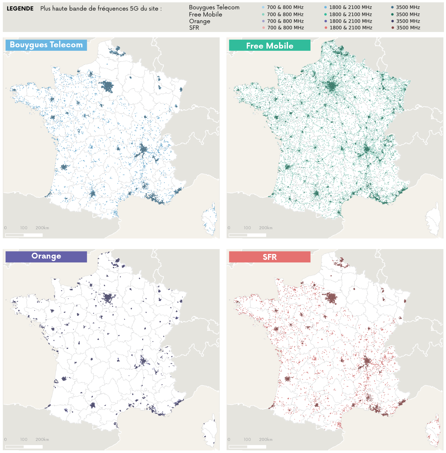Cartographie des sites 5G ouverts commercialement par op&eacute;rateur