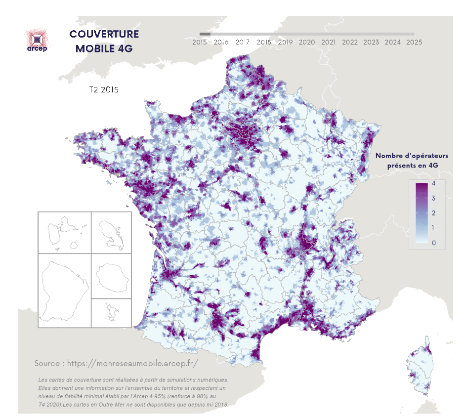 Evolution de la couverture 4G de 2015 &agrave; 2024