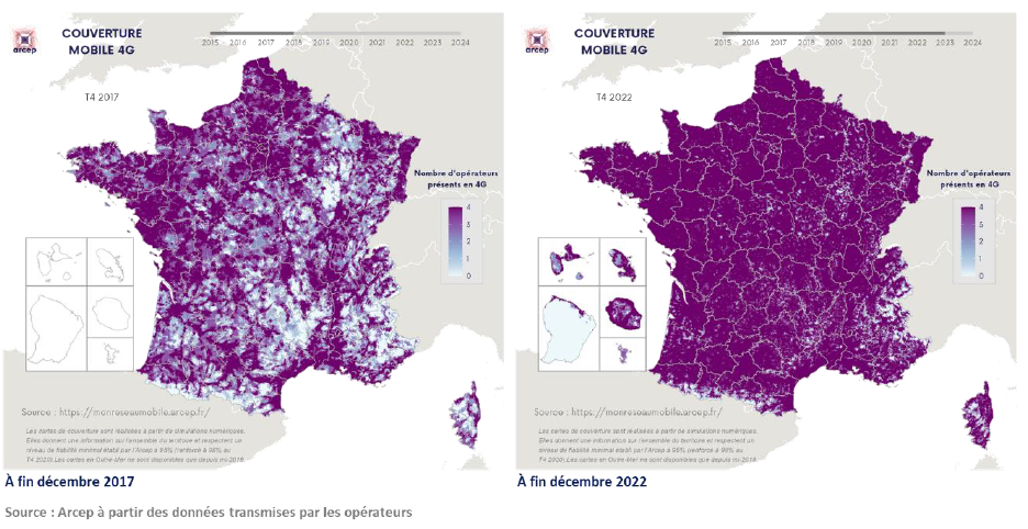 Évolution de la couverture 4G par nombre d’opérateurs entre 2018 et 2022 Évolution de la couverture 4G par nombre d’opérateurs entre 2018 et 2022
