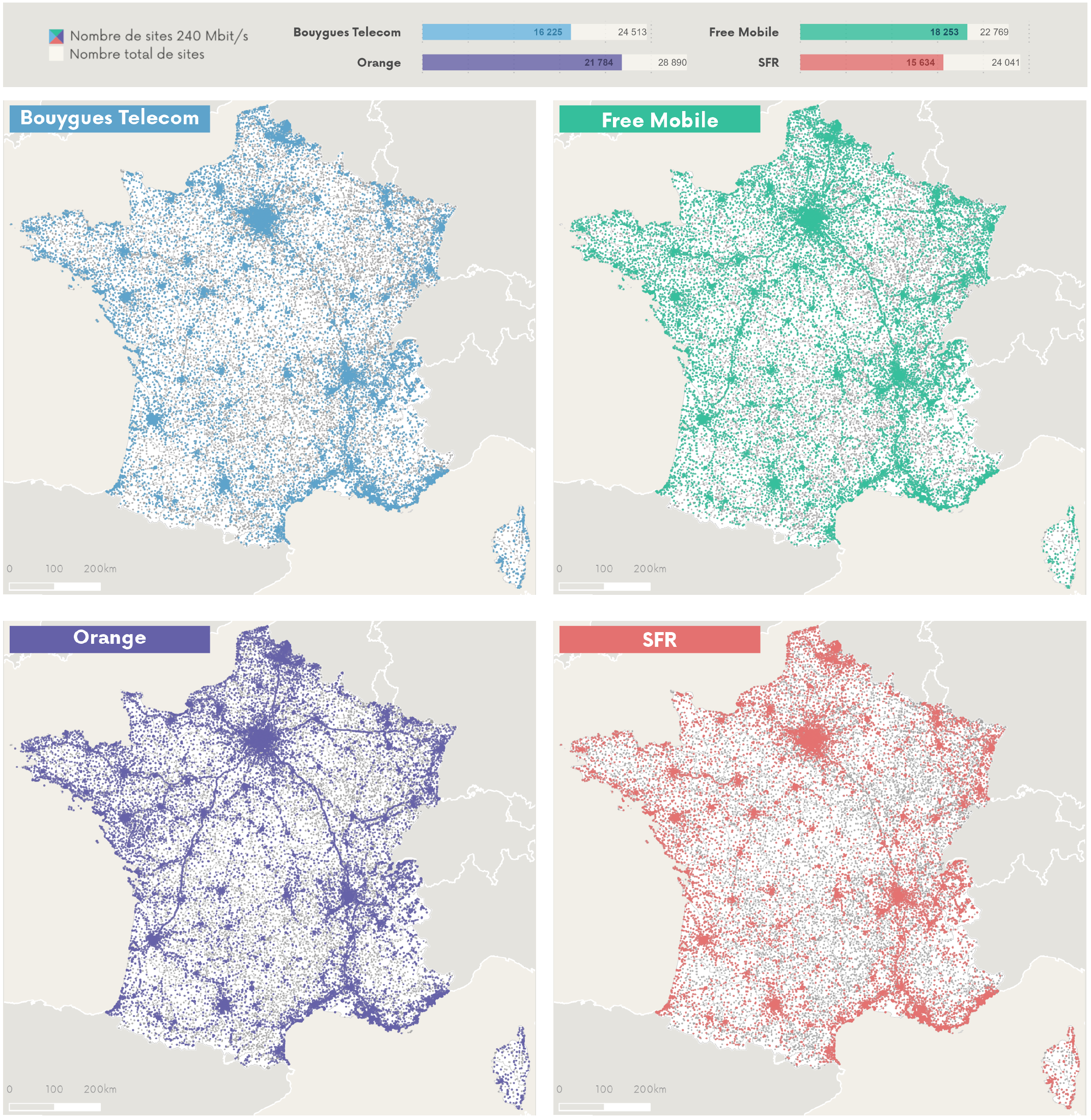 Cartographie des sites 240 Mb/s par op&eacute;rateur