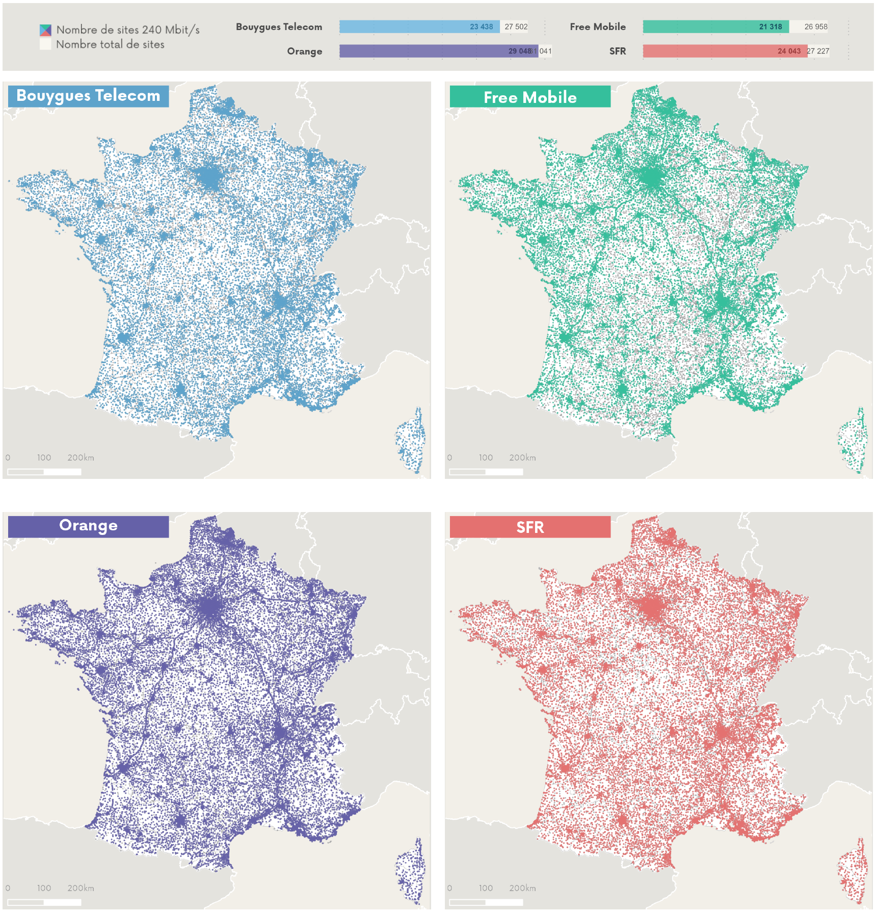 Cartographie des sites 240 Mb/s par op&eacute;rateur