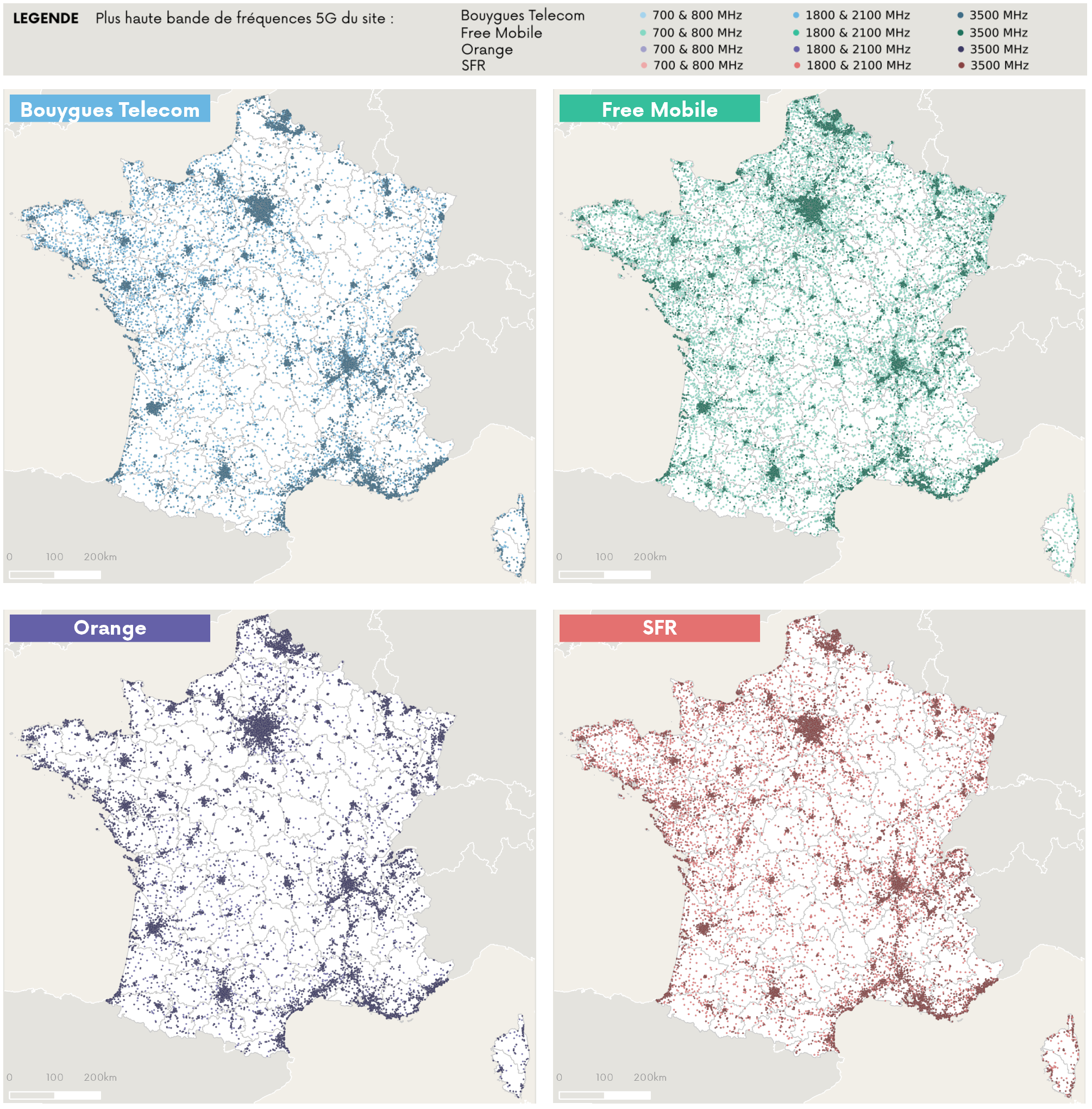 Cartographie des sites 5G ouverts commercialement par op&eacute;rateur