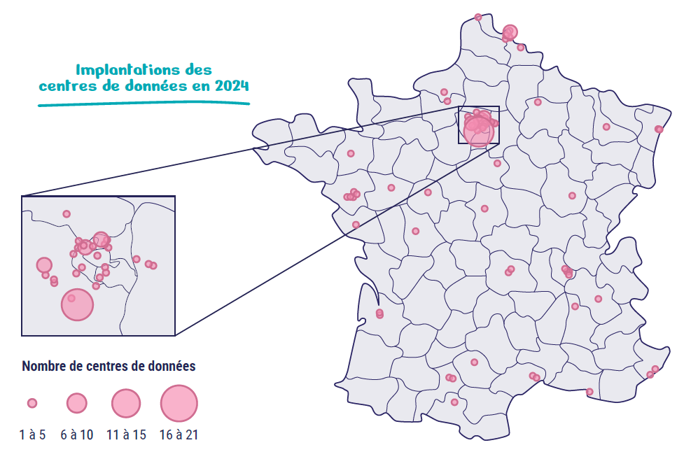 Infographie représentant les implantations des centres de données en France en 2024 Infographie représentant les implantations des centres de données en France en 2024