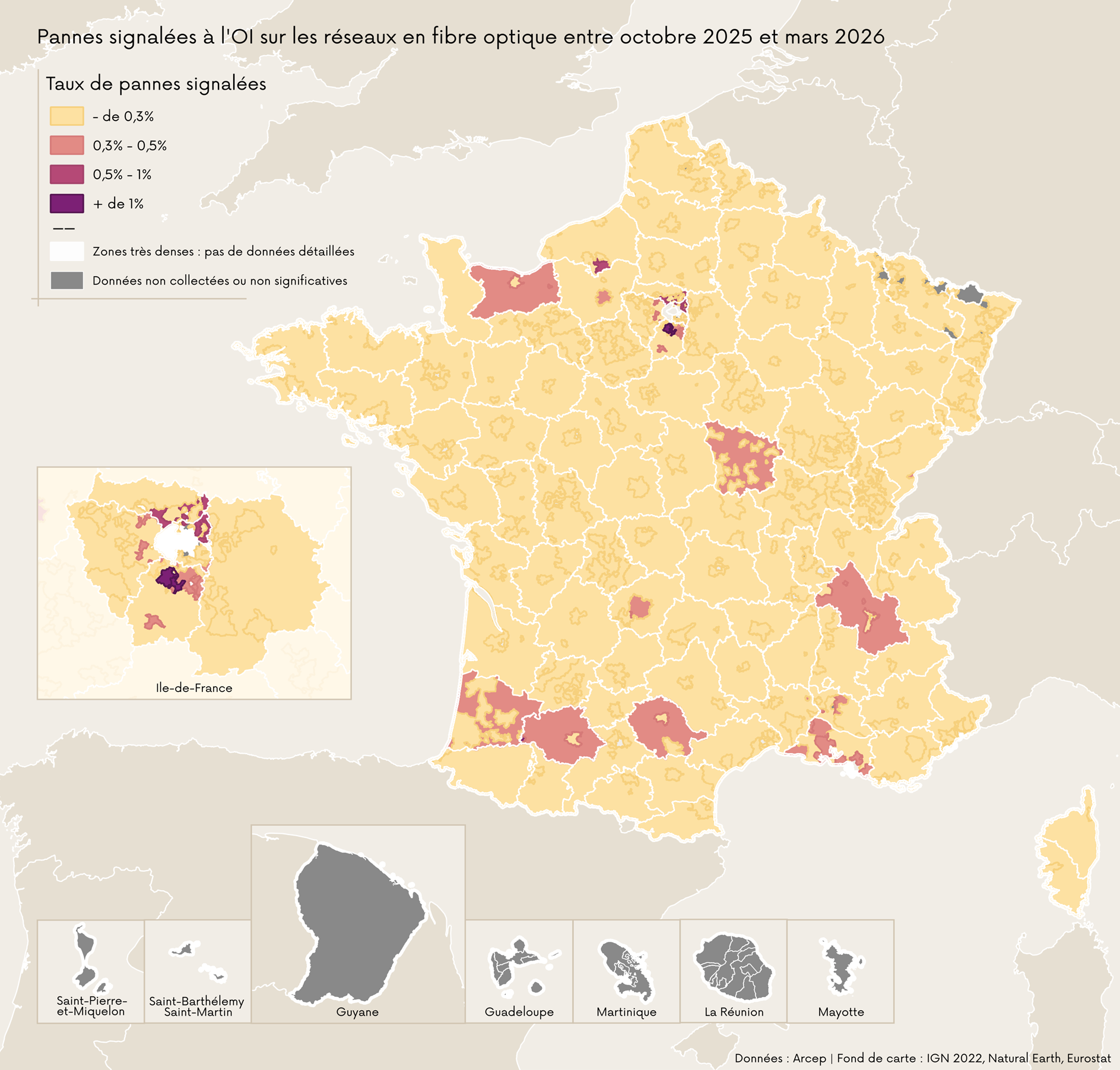Carte représentant les pannes signalées à l'OI sur les réseaux en fibre optique entre octobre 2025 et mars 2026 Carte représentant les pannes signalées à l'OI sur les réseaux en fibre optique entre octobre 2025 et mars 2026