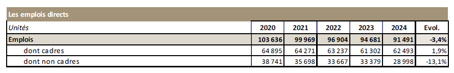 Tableau pr&eacute;sentant les emplois directs entre 2020 et 2024