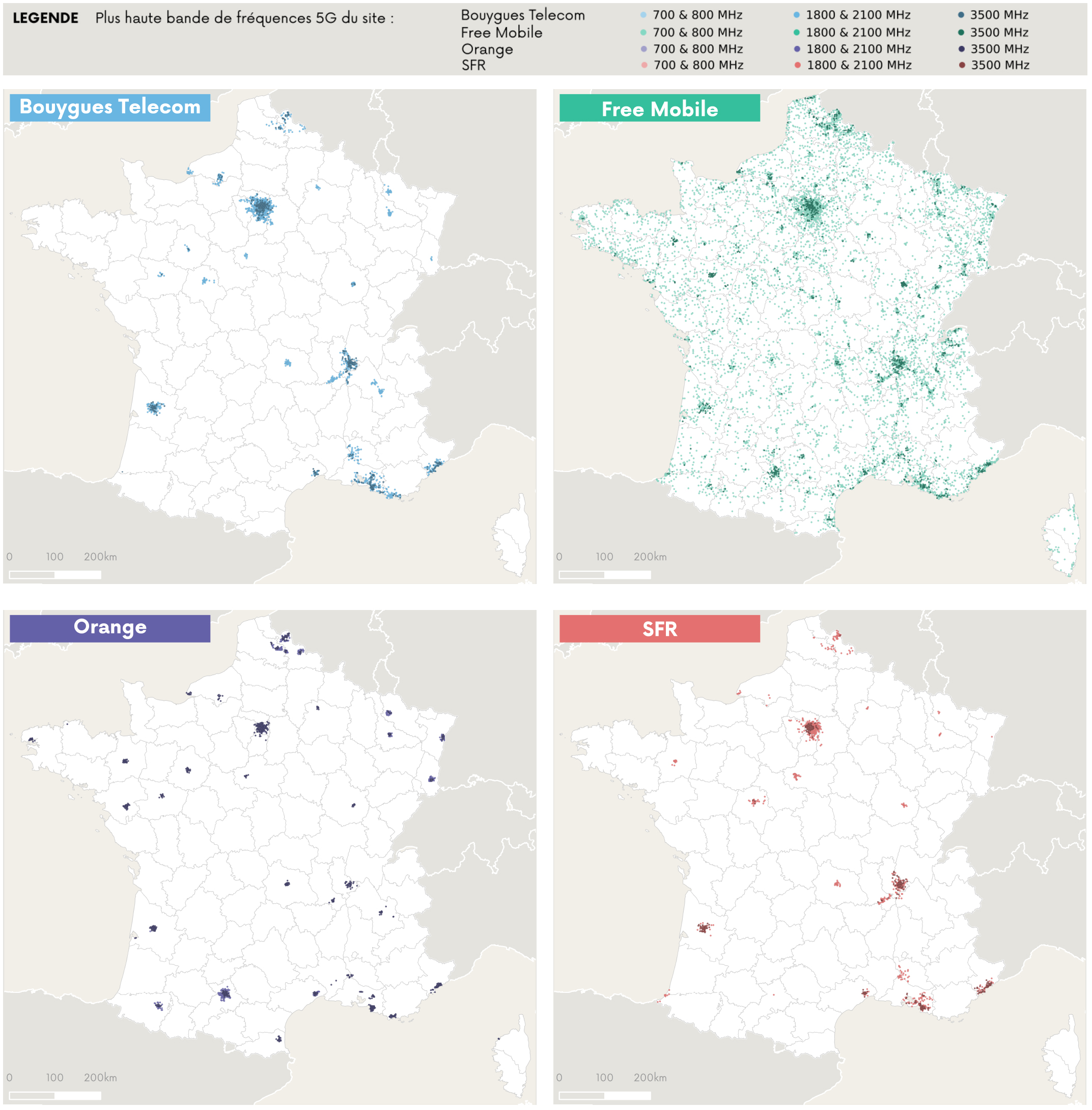 Cartographie des sites 5G ouverts commercialement par opérateur