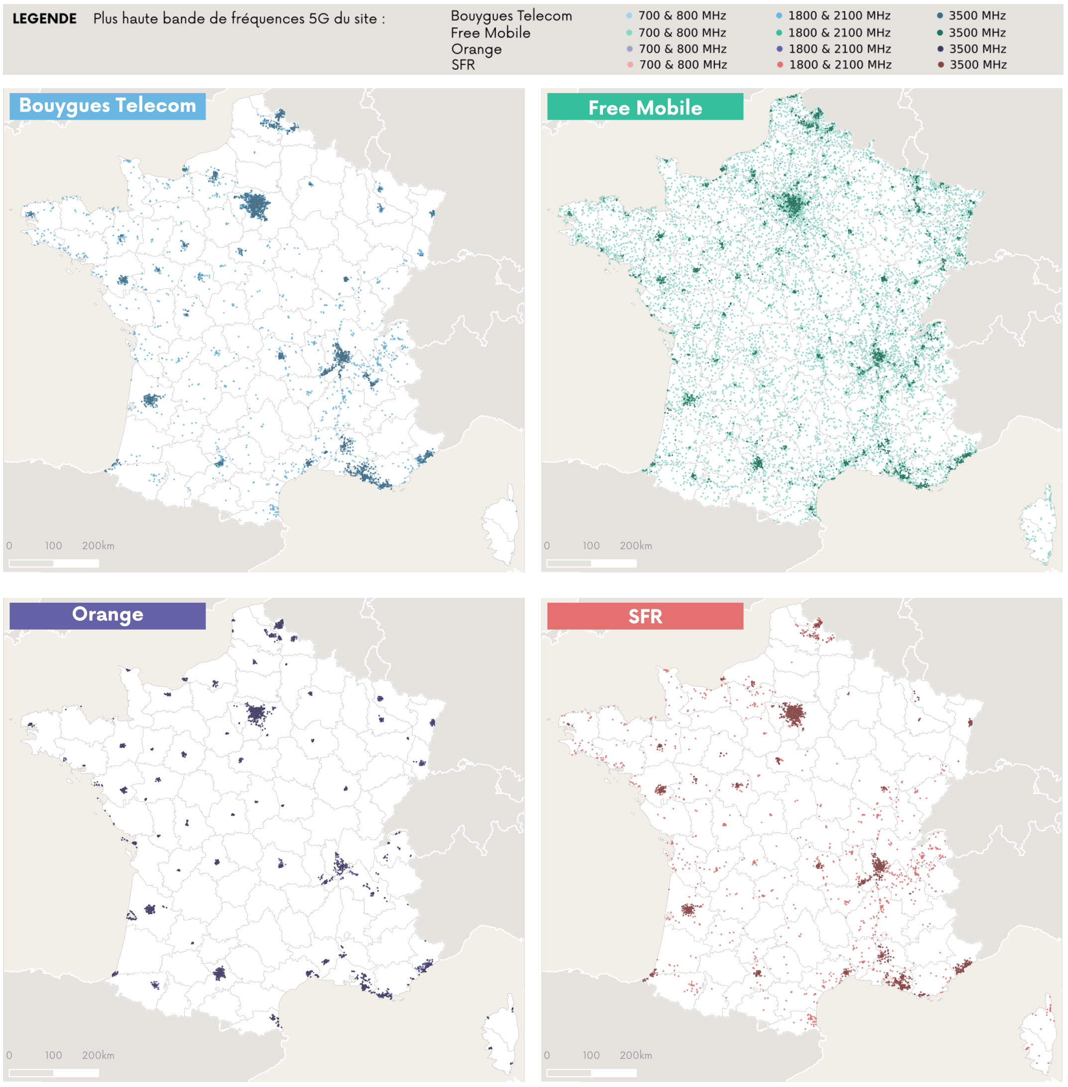 Cartographie des sites 5G ouverts commercialement par op&eacute;rateur