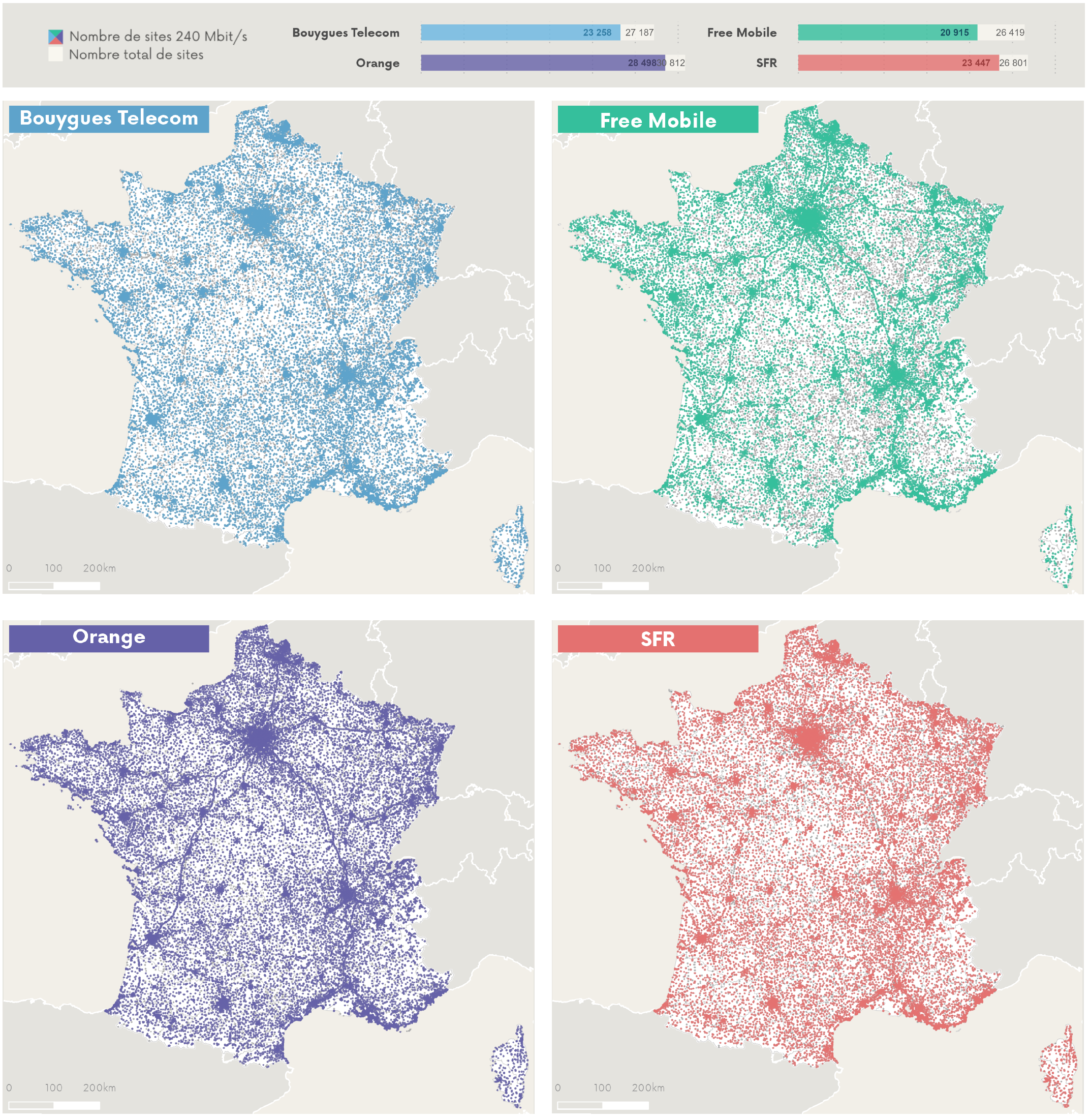 Cartographie des sites 240 Mb/s par op&eacute;rateur