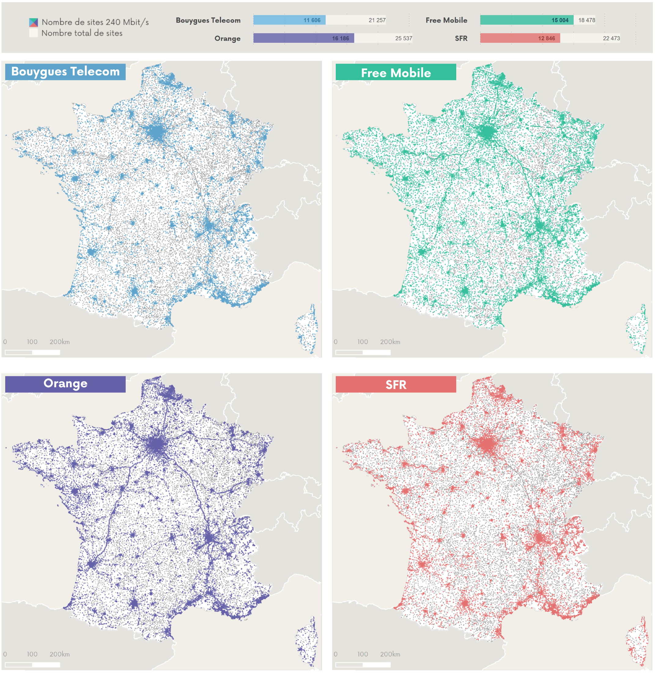 Cartographie des sites 240 Mb/s par op&eacute;rateur (donn&eacute;es au 30 septembre 2020)